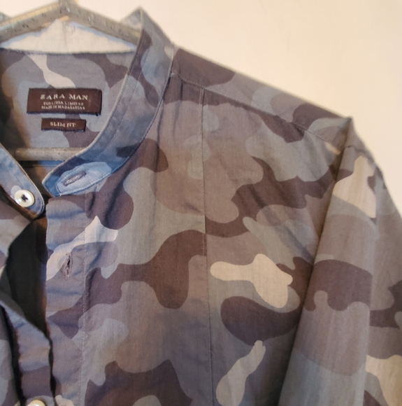 Zara Mens Blue Camouflage Button Down Shirt Size Large - Picture 3 of 6